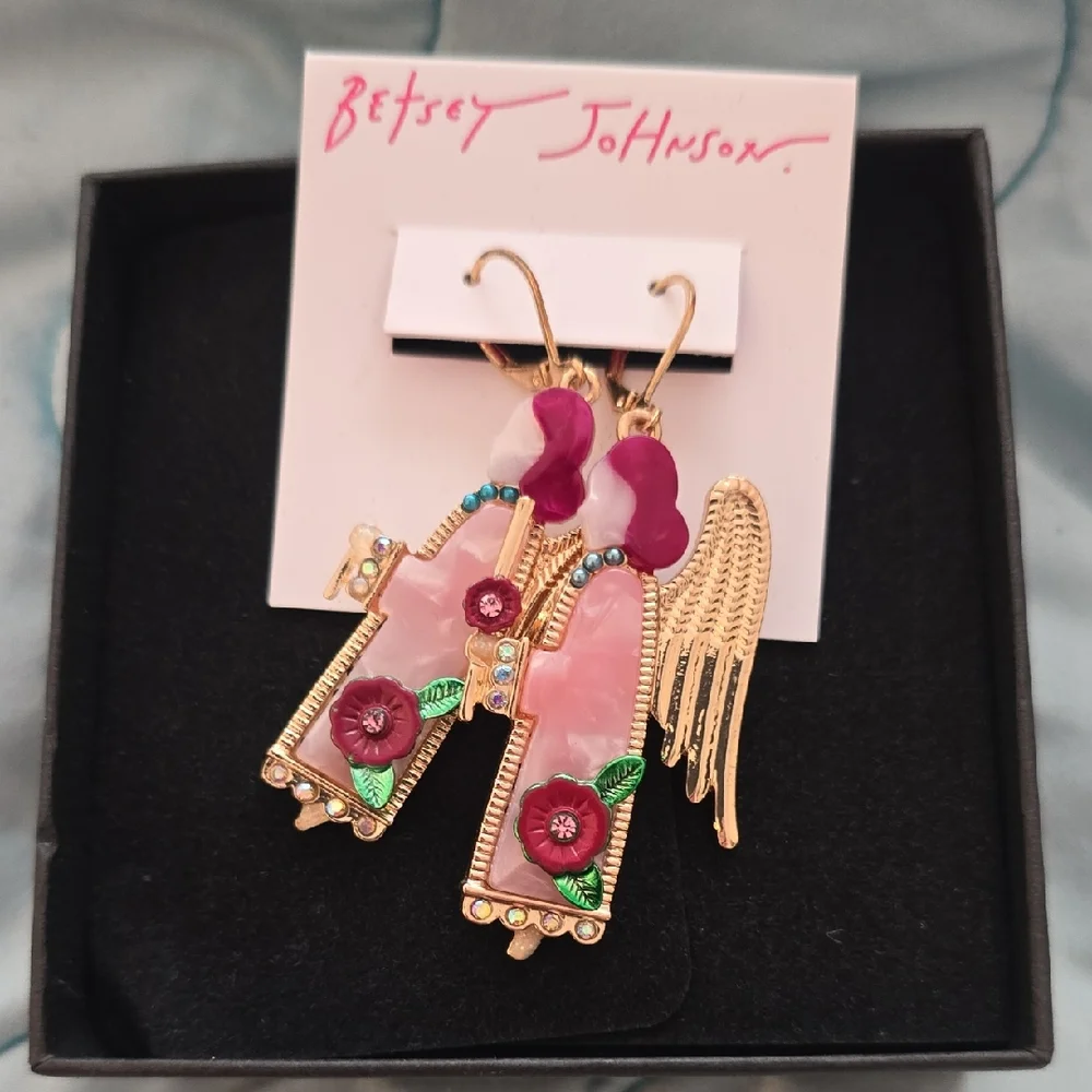 Betsey Johnson Gold-Tone Pink Floral Wing Drop Earrings with Magenta Accents